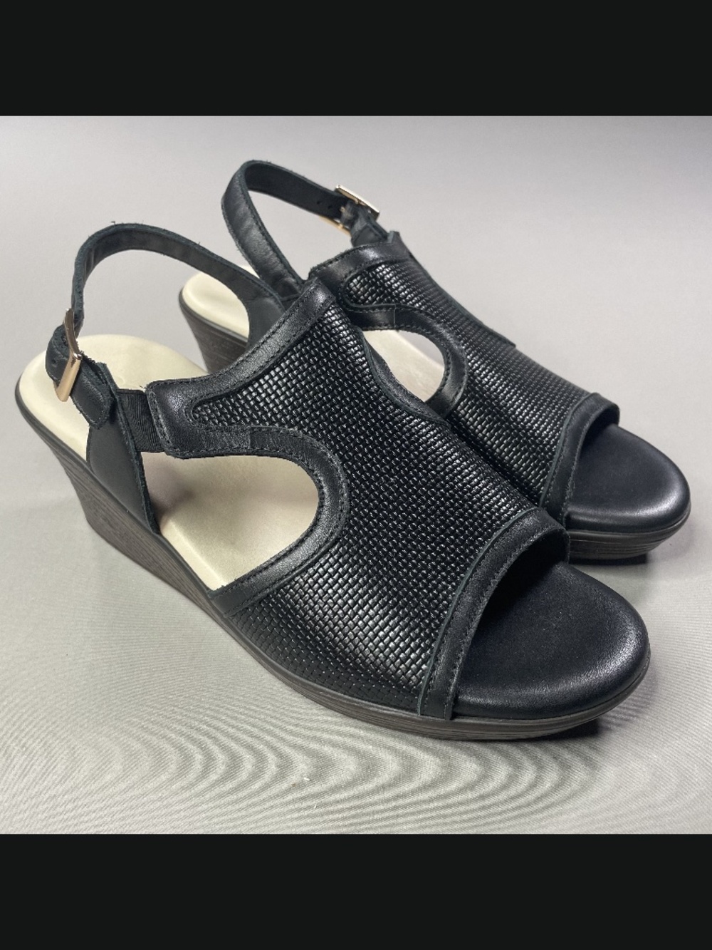 NEW SAS Shoes Womens 8.5 black brown leather wedge heels sandals casual summer - Picture 1 of 12